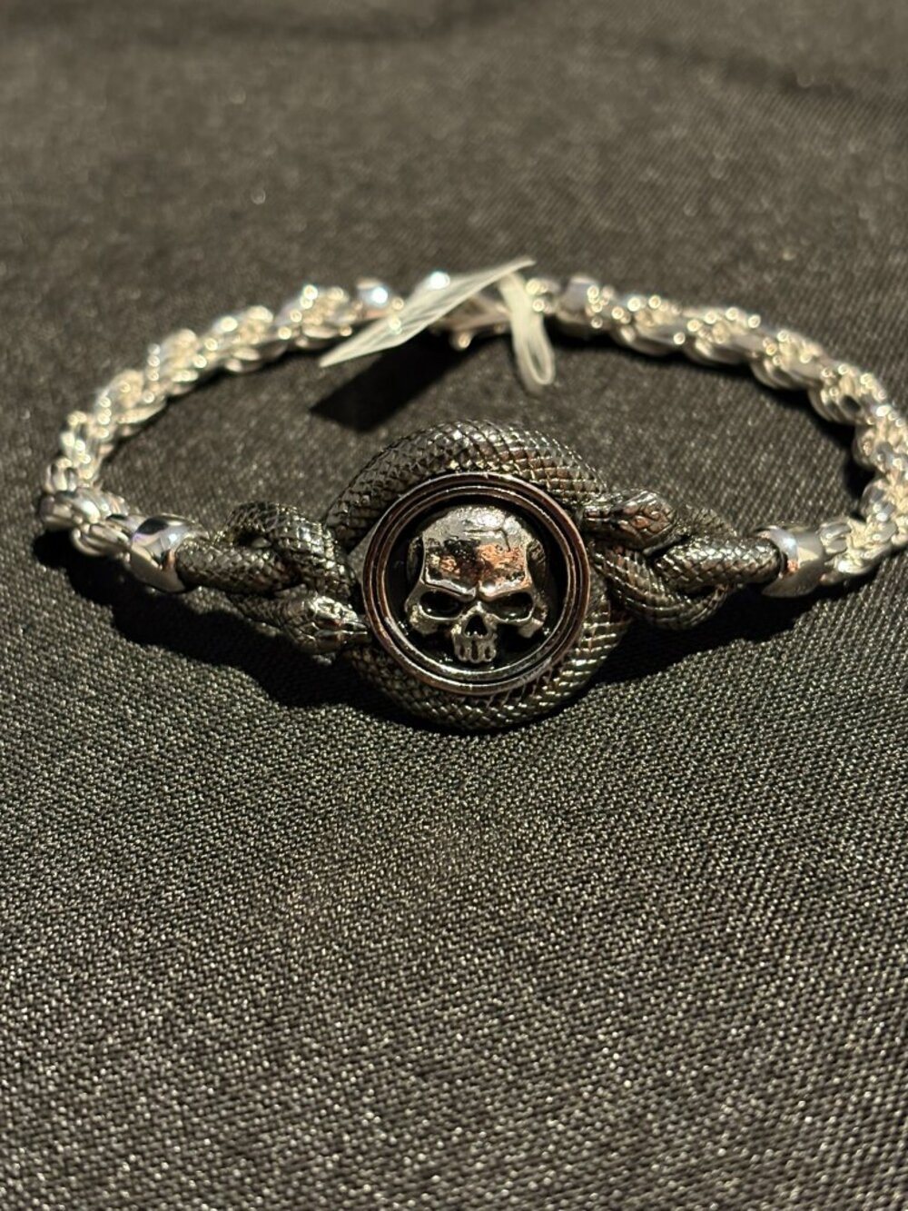 925 Silver Skull wrapped Snake Chain Bracelet 8 in